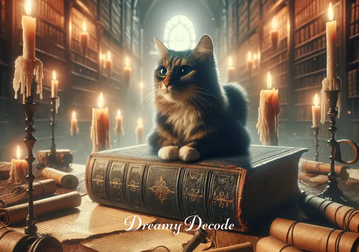meaning of cat in dream _ The cat in the dream bubble now sits atop an ancient book in a library, surrounded by scattered scrolls and glowing candles, symbolizing wisdom and mystery commonly associated with cats in dreams.
