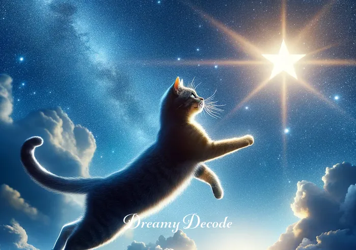 meaning of cat in dream _ Finally, the cat in the dream bubble is seen gracefully leaping towards a brightly shining star in a clear night sky, reflecting the dreamer's aspirations and the belief in following one's true path as conveyed through the dream.
