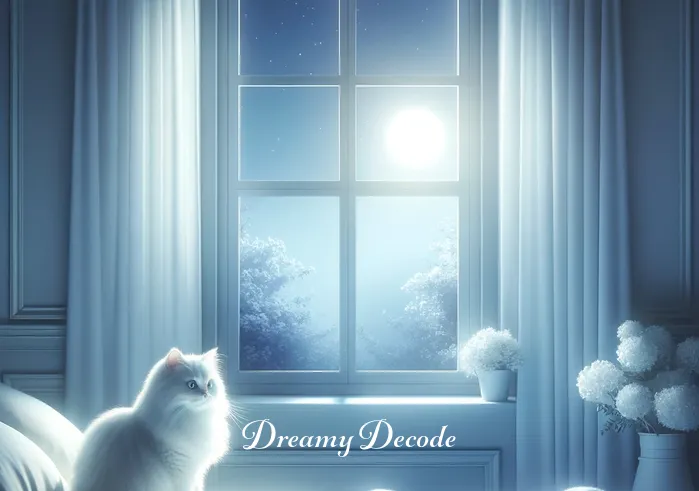 meaning of white cat in dream _ A serene bedroom at dusk, with soft moonlight filtering through the window. A fluffy white cat sits peacefully on the windowsill, gazing outwards with bright, curious eyes, embodying tranquility and purity in the dream.