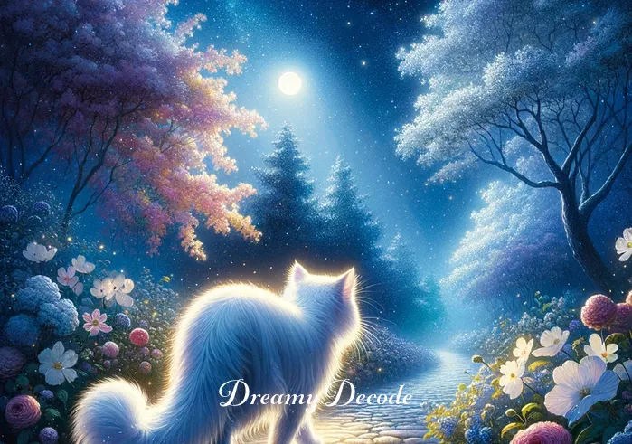 meaning of white cat in dream _ In a dreamlike garden under a starry sky, the white cat gracefully walks along a cobblestone path lined with blooming flowers. Its fur glows softly under the moonlight, symbolizing hope and guidance in the dreamer