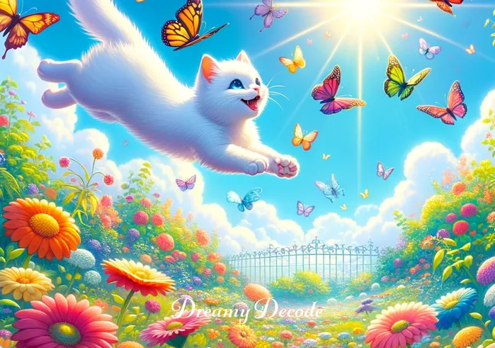 meaning of white cat in dream _ The white cat is now playfully chasing fluttering butterflies in the garden, symbolizing curiosity and the pursuit of happiness in the dream. The scene is filled with vibrant colors, adding a sense of joy and exploration.