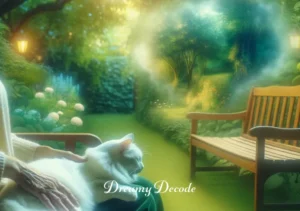 meaning of white cat in dream _ The dream concludes with the white cat sitting beside the dreamer on a garden bench, purring contently. This serene moment reflects a sense of comfort, peace, and the fulfillment of desires in the dreamer's life.