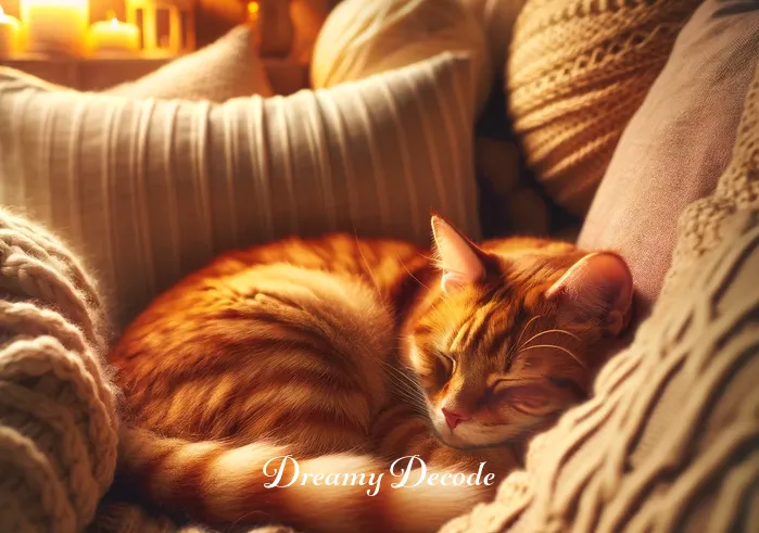 orange cat dream meaning _ Finally, the orange cat is seen curled up comfortably in a cozy nook, surrounded by soft pillows and warm light, denoting a dream's end and suggesting comfort, security, and contentment in the dreamer's life.