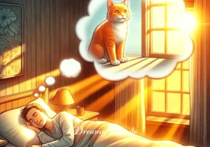 orange cat in dream meaning _ The dream gradually fades, transitioning to a scene where the dreamer wakes up feeling refreshed and content. The morning sun casts a warm glow into the room, and there's a faint, comforting memory of the dream with the orange cat still lingering in the dreamer's mind.