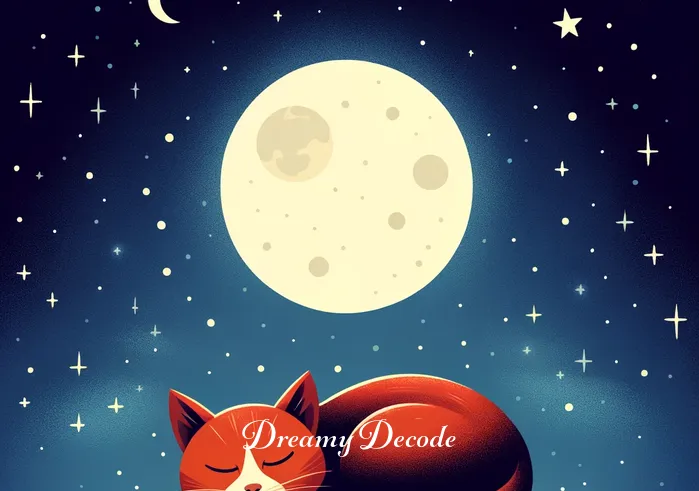 red cat dream meaning _ A red cat peacefully sleeping under a bright moon, surrounded by a tranquil night sky dotted with stars, embodying a sense of calm and introspection in the dreamer.