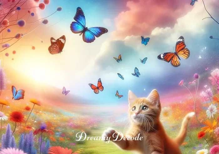 red cat dream meaning _ A curious red cat playfully chasing butterflies in a vibrant, flower-filled meadow, symbolizing joy, freedom, and the pursuit of one