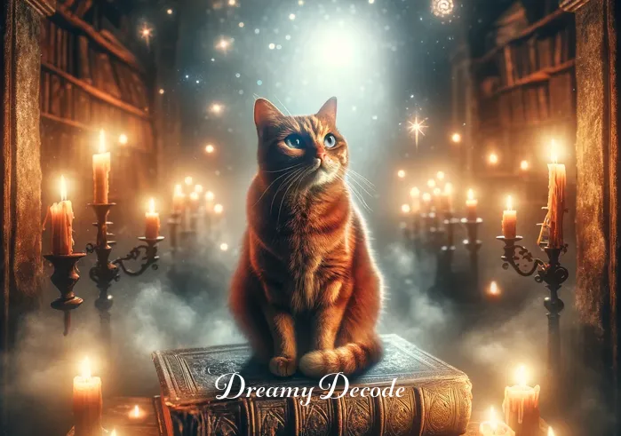 red cat dream meaning _ The same red cat sitting atop an ancient book in a dimly lit room, surrounded by flickering candles, indicating a search for knowledge or hidden truths within the dream.