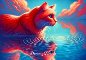 red cat dream meaning _ The red cat gazing into a calm pond, its reflection merging with ripples, signifying self-reflection and the understanding of deeper aspects of the dreamer's personality.