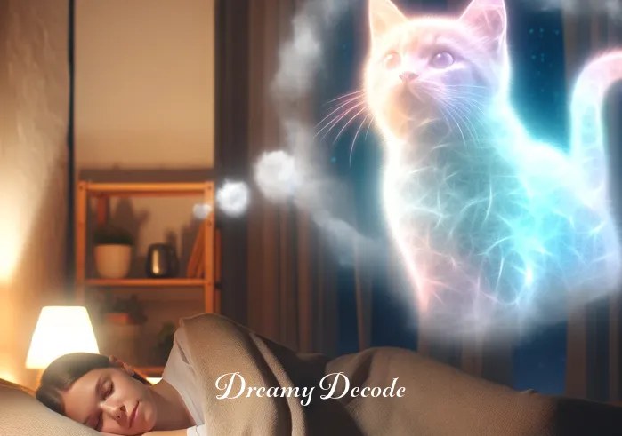 see cat in dream meaning _ A dreamer lying in bed, with a soft expression, as a translucent, ethereal cat approaches. The cat, glowing in a soft, pastel hue, symbolizes curiosity and mystery in the dream. The bedroom is cozy and warmly lit, evoking a sense of comfort and tranquility.