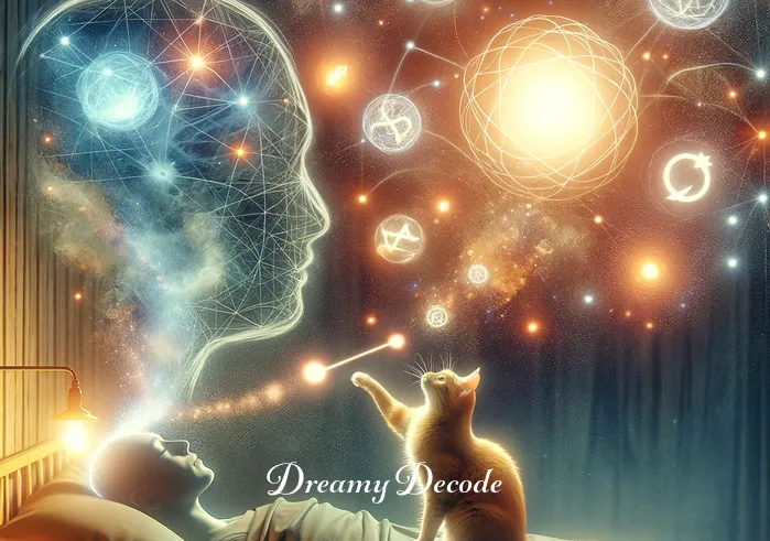 see cat in dream meaning _ The ethereal cat in the dream now playfully interacts with floating symbols around the dreamer
