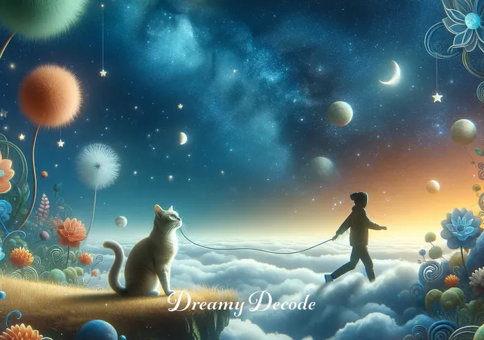 see cat in dream meaning _ The dream shifts, showing the cat leading the dreamer through a whimsical, dream-like landscape. This scene symbolizes exploration and the pursuit of knowledge. The landscape is filled with surreal elements like floating islands and oversized flowers under a starry sky.