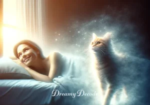 see cat in dream meaning _ The dream concludes with the cat fading away as the dreamer wakes up, smiling and thoughtful. The bedroom is bathed in morning light, suggesting a new beginning or clarity. The cat's disappearance signifies the ephemeral nature of dreams and the lasting impact of their symbolism.