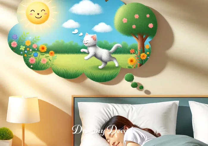 seeing cat in dream meaning _ A person peacefully sleeping in a cozy bedroom, with a dream cloud above their head showing a small, playful kitten frolicking in a sunny garden, symbolizing the beginning of a dream journey.