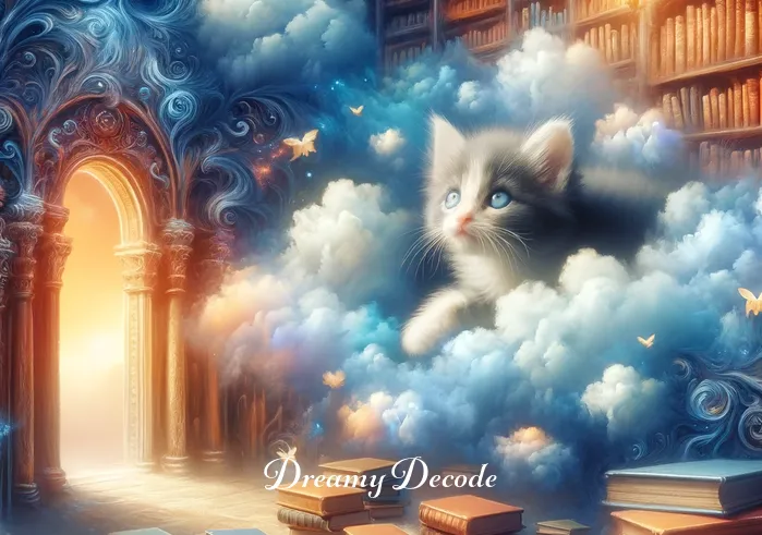 seeing cat in dream meaning _ The dream cloud morphs to show the same kitten, now curiously exploring an ancient library filled with books, representing the dreamer