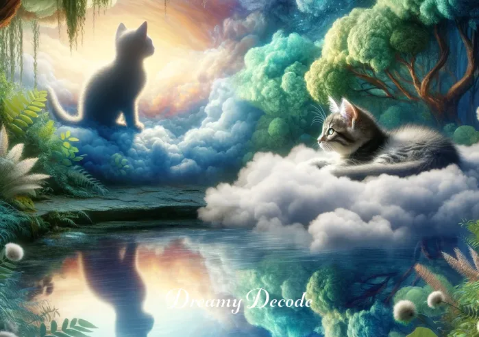 seeing cat in dream meaning _ The dream sequence continues with the kitten gazing at its reflection in a serene pond, surrounded by lush greenery, signifying self-reflection and introspection in the dreamer