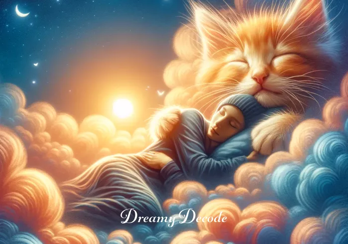 seeing cat in dream meaning _ The final scene in the dream cloud shows the kitten gently nuzzling the dreamer, now in the dream, in a warm, comforting embrace, symbolizing peace, comfort, and the resolution of the dreamer's inner journey.