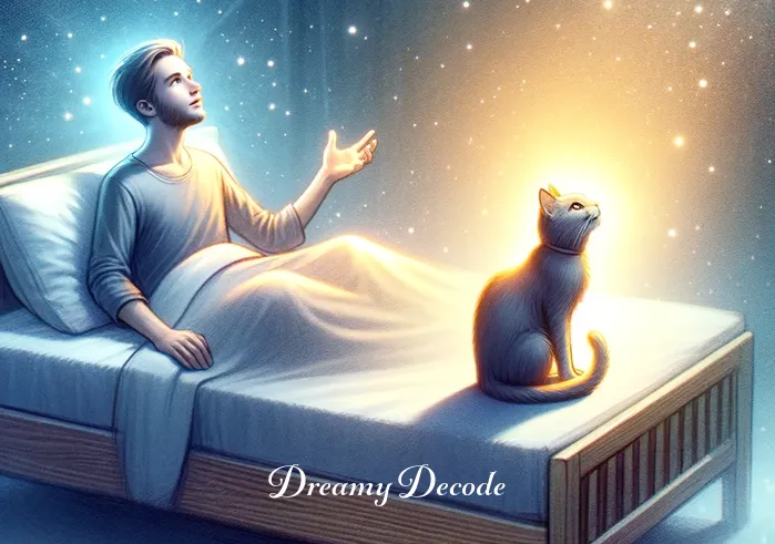 seeing cat in dream spiritual meaning _ The final scene depicts the person waking up from the dream, sitting on the bed with a look of enlightenment and reflection. A small, real cat is curled up at the foot of the bed, bridging the dream world with reality.