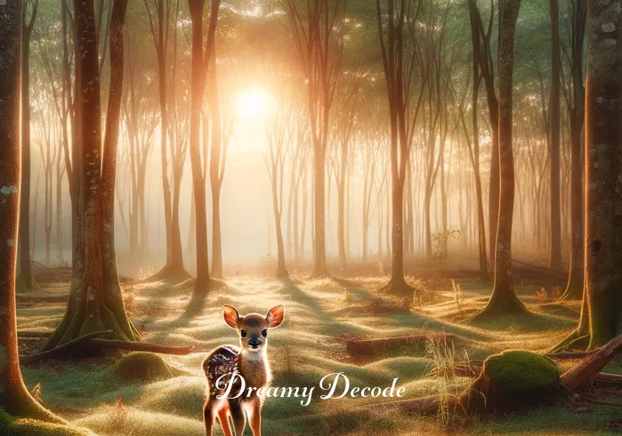 baby deer in dream meaning _ A serene forest landscape at dawn, with soft rays of sunlight piercing through the trees. In the center, a small, spotted baby deer stands curiously, looking towards the viewer with gentle eyes, symbolizing innocence and new beginnings in dreams.