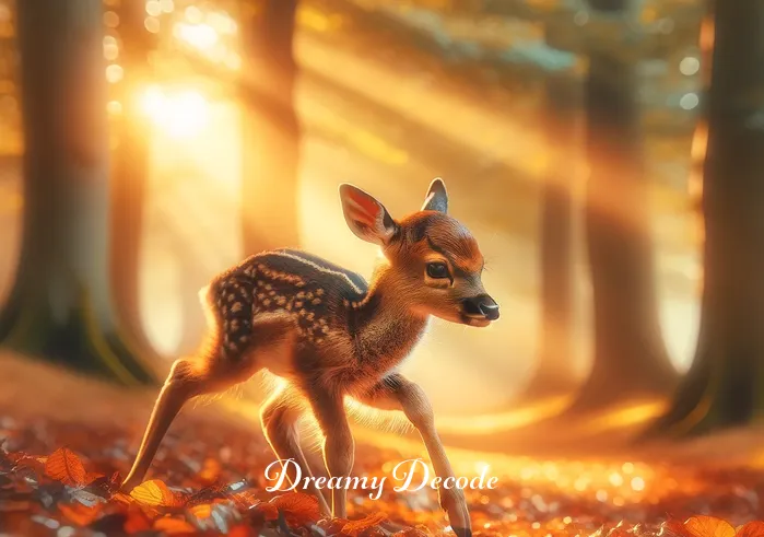 baby deer in dream meaning _ The baby deer cautiously steps forward on a carpet of fallen leaves, illustrating a dream scenario of exploration and gentle progress. The forest around it is bathed in golden morning light, creating a sense of warmth and safety.