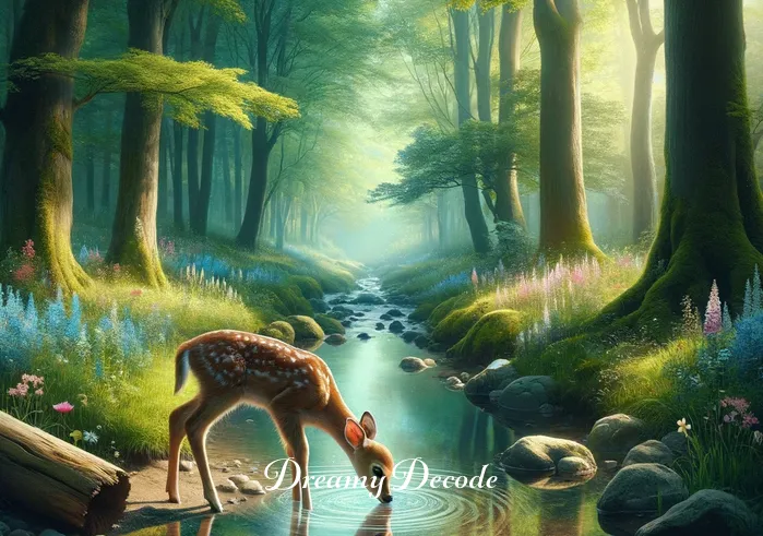 baby deer in dream meaning _ The scene transitions to the baby deer standing beside a calm, clear stream. It bends down to drink, reflecting a dream symbol of nourishment and personal growth. The water ripples gently, surrounded by lush greenery and blooming wildflowers.