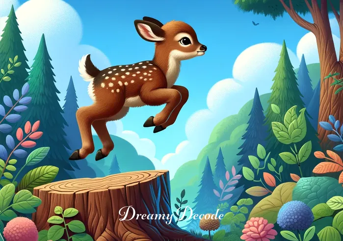 baby deer in dream meaning _ A dreamlike image of the baby deer now confidently leaping over a small log in the forest, demonstrating growth and overcoming obstacles. The backdrop is a vibrant forest, filled with a variety of flora and fauna, under a bright blue, cloudless sky.