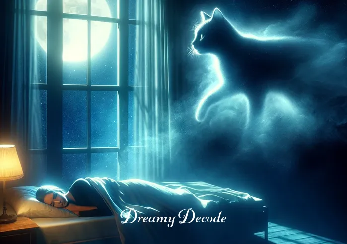 sick cat dream meaning _ A serene bedroom at night, with moonlight streaming through the window, illuminating a sleeping person. Beside the bed, a shadowy figure of a cat appears, almost ethereal, suggesting the onset of a dream involving a cat.