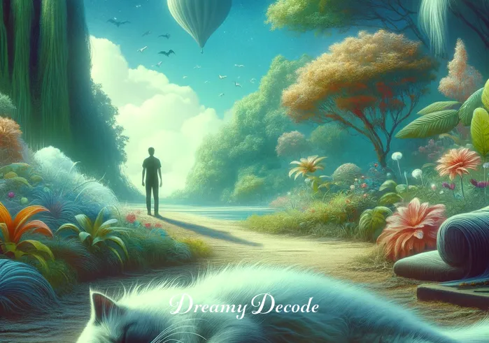 sick cat dream meaning _ The dream scene transitions to a surreal landscape, where the dreamer stands in a lush garden. In front of them, a cat appears unwell, lying on the ground with a gentle expression, symbolizing illness or vulnerability in the dream.