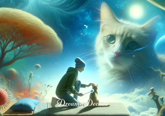 sick cat dream meaning _ The dream shifts to depict the dreamer kneeling beside the sick cat, offering comfort and care. This caring act in the dream represents compassion and the desire to heal or help those in need.