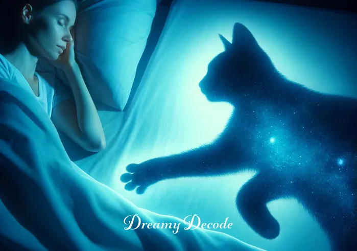 spiritual meaning of cat biting you in a dream _ The same sleeping individual beginning to stir slightly, with the cat now closer, its silhouette illuminated by moonlight, appearing to reach out towards the person with a paw.
