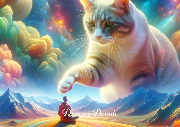 spiritual meaning of cat biting you in a dream _ A dream sequence showing the person in a vibrant, surreal landscape, interacting with a friendly, oversized cat which is gently nibbling on their hand, symbolizing guidance or protection.
