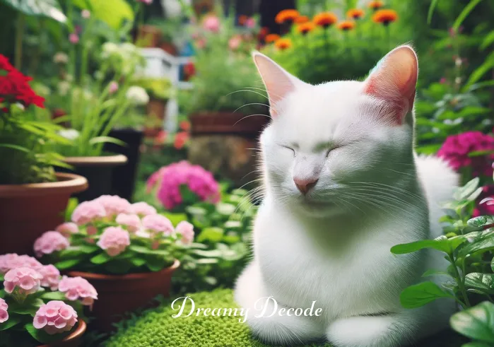 white cat dream meaning _ A serene white cat sitting peacefully in a lush green garden, with vibrant flowers surrounding it. The cat
