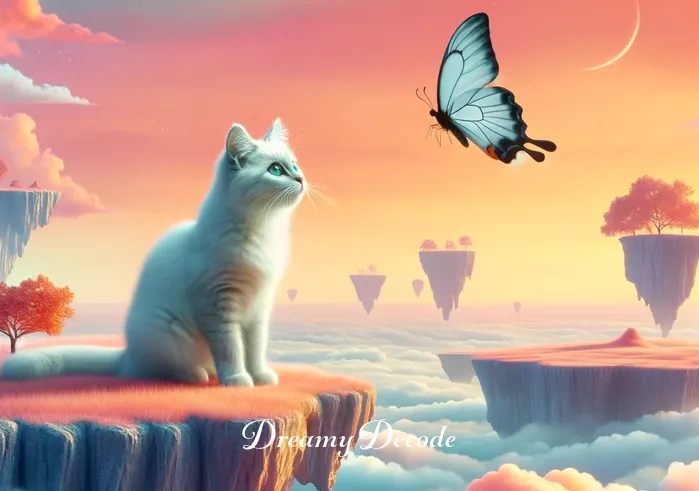 white cat dream meaning _ The same white cat now appears in a dreamy, surreal landscape with floating islands and a pastel-colored sky. It gazes curiously at a butterfly that flutters near its nose, symbolizing exploration and discovery.
