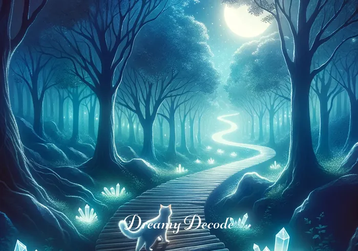 white cat dream meaning _ The scene shifts to show the white cat walking along a winding path in a mystical forest, illuminated by soft moonlight. The path is lined with glowing crystals, creating an atmosphere of guidance and enlightenment.