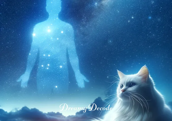white cat dream meaning _ Finally, the white cat is seen resting under a clear night sky, gazing at the stars. A faint outline of a human figure appears beside it, representing a spiritual connection and the realization of inner peace.