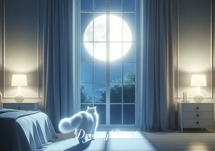 white cat in dream meaning _ A serene bedroom at night with a large, moonlit window. A fluffy white cat enters quietly through the slightly open window, its fur glowing softly in the moonlight. The room is decorated in soft, calming colors, and the cat