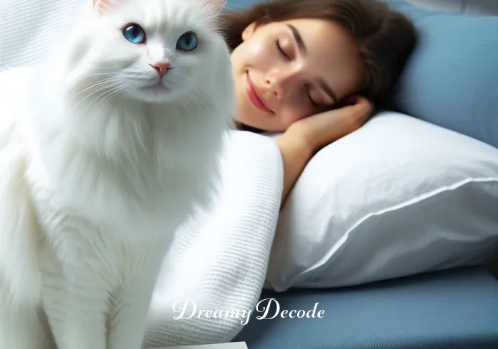 white cat in dream meaning _ The same white cat now sits on the edge of a sleeping person
