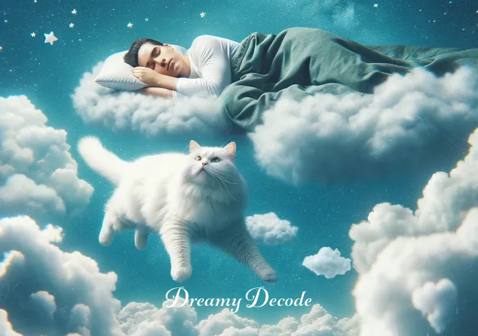 white cat in dream meaning _ A dream sequence where the sleeping person imagines floating in a sky filled with fluffy clouds, accompanied by the white cat. Both the person and the cat appear relaxed and content, drifting among the clouds as if in a peaceful, surreal world.