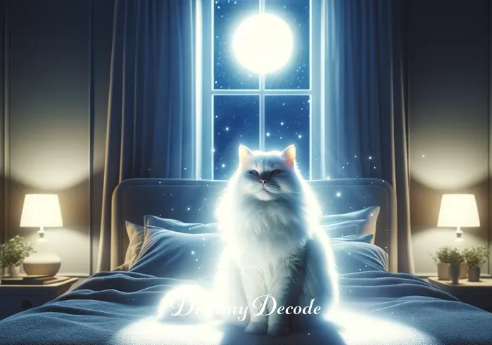 white cat in dream spiritual meaning _ A serene bedroom at night, with moonlight streaming through a window. In the center, a fluffy white cat sits on the bed, glowing softly, looking directly at the viewer. The room is filled with peaceful energy, and the cat