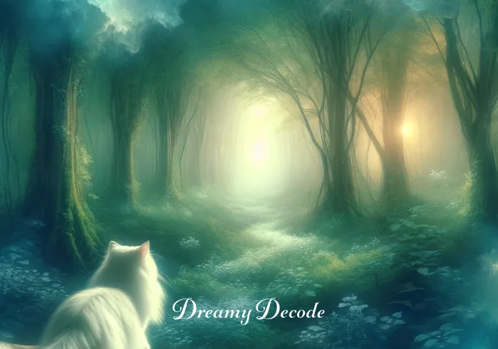 white cat in dream spiritual meaning _ A dreamlike landscape, where the same white cat from the bedroom is now leading the viewer through a lush, mystical forest. The forest is bathed in soft, ethereal light, and the cat appears semi-transparent, symbolizing guidance and protection in the spiritual journey.