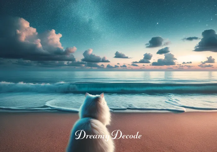 white cat in dream spiritual meaning _ The scene shifts to a tranquil beach under a starry sky. The white cat sits beside the viewer, now looking out towards the ocean. The waves gently lap at the shore, and the cat