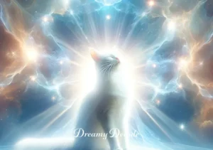white cat in dream spiritual meaning _ A final scene depicting the white cat transforming into a radiant, celestial figure, surrounded by a soft, glowing aura. The background is a harmonious blend of stars and nebulae, symbolizing the cat's ascension and the spiritual enlightenment it has imparted to the viewer.