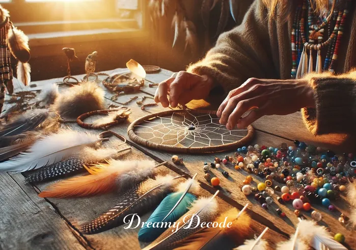 cherokee dream catcher meaning _ A Cherokee artisan selecting feathers and beads for a dream catcher, showcasing a range of natural feathers and colorful beads spread out on a wooden table, with soft sunlight illuminating the workspace, creating a serene and focused atmosphere.