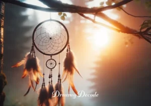 cherokee dream catcher meaning _ The final scene shows a Cherokee dream catcher hanging gracefully from a tree branch outdoors at dawn, with the soft morning light filtering through its delicate web, symbolizing hope, protection, and the cultural heritage of the Cherokee people.