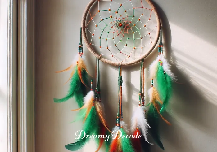 color dream catcher meaning _ The dream catcher is now hung against a light-colored wall. Its multicolored threads, including green symbolizing growth and harmony, create a striking contrast. A gentle breeze from an open window causes it to sway slightly.