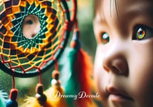 color dream catcher meaning _ A child observing the dream catcher with fascination, their face reflecting a mix of wonder and curiosity. The dream catcher's vivid colors, including yellow for optimism and happiness, cast soft reflections in the child's wide eyes.