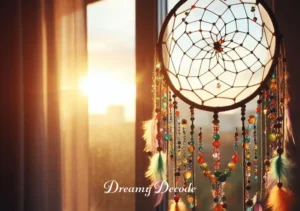 dream catcher beads meaning _ A finished dream catcher hanging by a window at sunrise, the light illuminating the beads and casting colorful reflections, symbolizing the catcher's role in filtering and guiding dreams and their meanings.