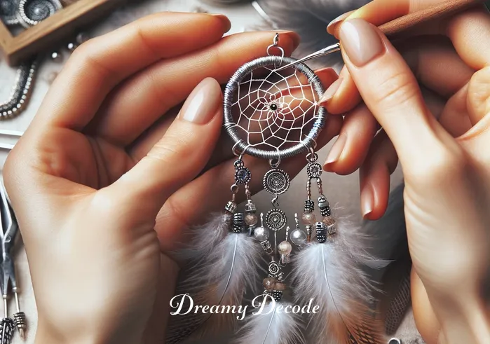dream catcher bracelet meaning _ The same hands now intricately weaving a small dream catcher pattern with a silver thread, attaching the selected beads and feathers. The dream catcher is taking shape, with a small hoop and a woven net pattern in the center.