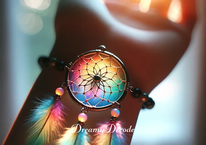dream catcher bracelet meaning _ The final image shows the dream catcher bracelet worn on a wrist against a backdrop of a softly lit, dreamy environment. The bracelet's colors are vibrant, and it appears almost ethereal, symbolizing the fulfillment of its intended purpose to bring good dreams and positive energy to the wearer.