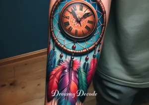 dream catcher clock tattoo meaning _ A completed dream catcher clock tattoo, vividly colored and detailed, on someone's forearm. The tattoo perfectly combines the elements of the dream catcher and the clock, symbolizing harmony between cultural heritage and the perpetual flow of time.