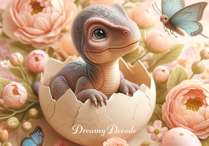 baby dinosaur dream meaning _ A baby dinosaur hatching from an egg, surrounded by soft, pastel-colored flowers and butterflies. The dinosaur looks curious and friendly, its eyes wide with wonder as it takes in the new world around it.